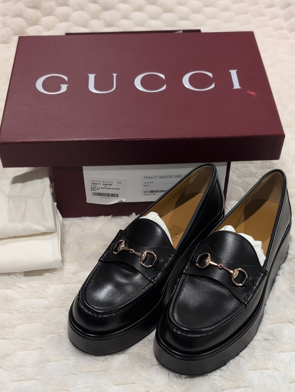 NIB Gucci Black Leather Horsebit Platform Loafers for Women 39